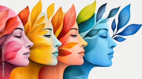 Colorful Feminine Portraits with Leaf Patterns in Profile View photo