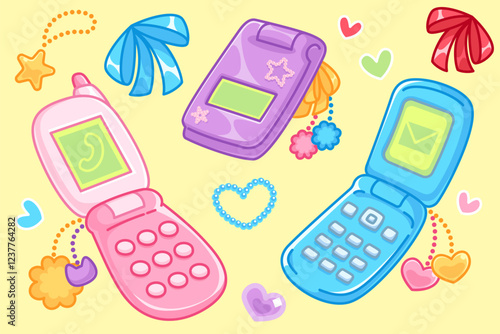 Girly flip phones and accessories on yellow background. Vector cartoon illustration of y2k communication devices, mobile gadgets decorated with heart, flower, star shape chains, retro cellphone