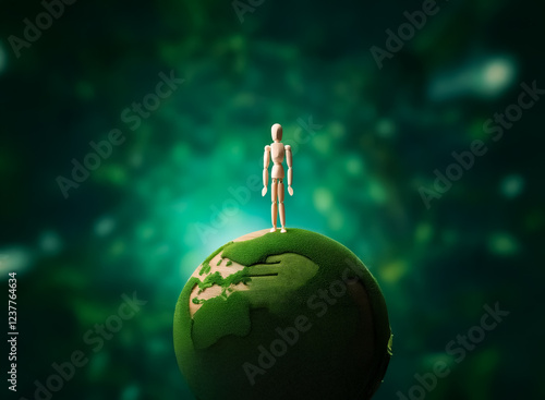 A wooden mannequin stands atop a miniature green Earth, set against a dark teal, bokeh background.  The scene evokes themes of environmentalism and global responsibility. photo