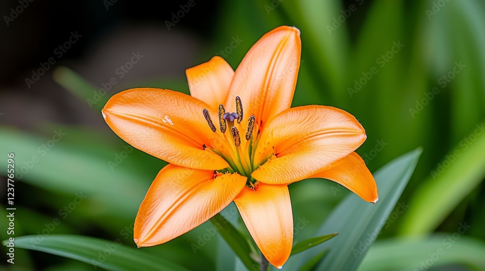 Fototapeta premium Vibrant Orange Lily Flower Blooming Among Green Leaves