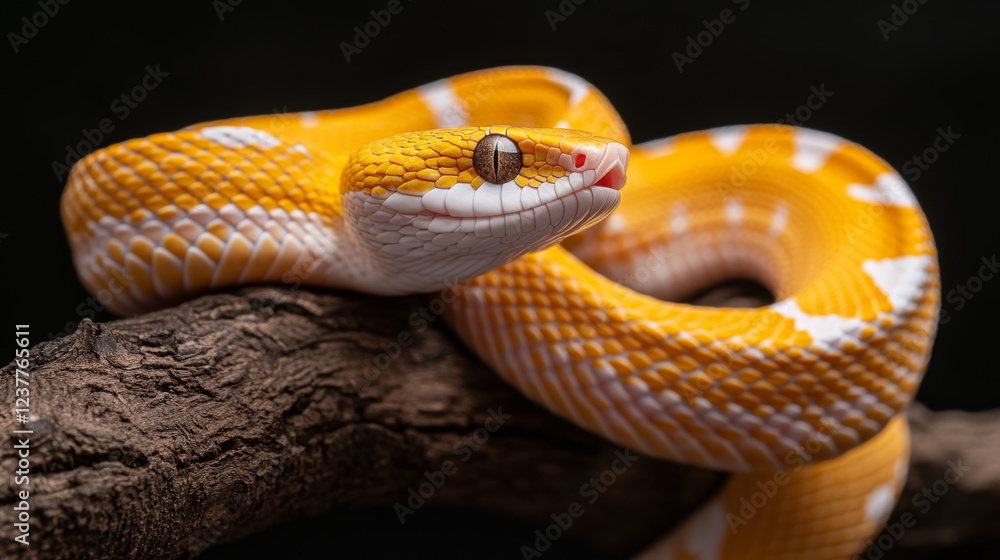 Fototapeta premium The Yellow White-lipped Pit Viper (Trimeresurus insularis) closeup on branch with black background, Yellow White-lipped Pit Viper closeup