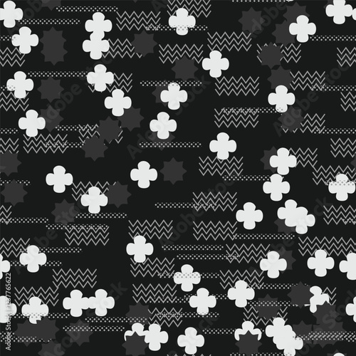 A contemporary modern abstract pattern featuring elegant white floral shapes set on a richly textured black background