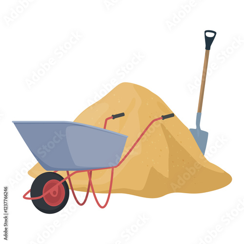 One wheeled construction wheelbarrow with sand pile and shovel isometric vector
