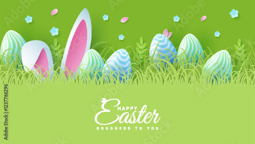 Joyous Easter holiday featuring eggs, rabbit ears, and flowers against a vibrant backdrop and paper style. Suitable for greeting cards or party invitations.