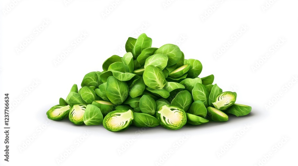 Fresh Green Brussels Sprouts Pile with Sliced Halves on White Background Fresh Green Brussels Sprouts Pile with Sliced Halves on White Background
