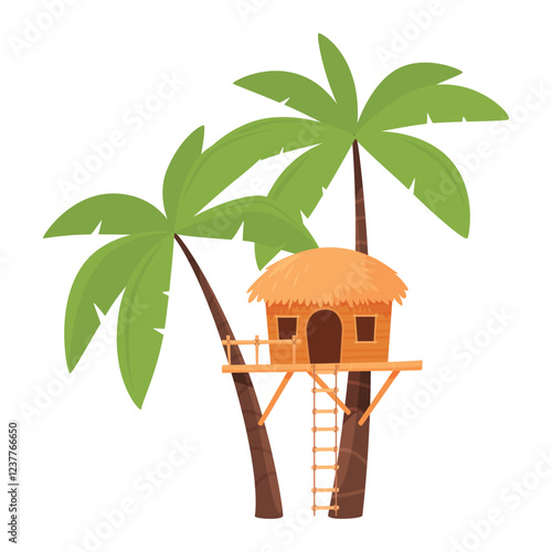 Tropical bungalow island wooden hut on palm trees vector flat illustration