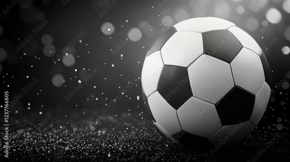 Fototapeta premium A close-up of a classic soccer ball on a shiny surface, capturing the essence of sportsmanship and excitement. Perfect for sports-themed projects.