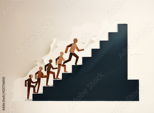 Diverse figures ascend a staircase symbolizing progress, growth, and teamwork towards a shared goal.  The figures vary in skin tone and represent inclusivity. photo