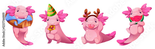 Cute pink axolotl character set with tasty treats - with glazed donut on neck, eating pizza slice in party hat, wearing reindeer antlers, enjoying watermelon piece. Cheerful mascot collection. photo