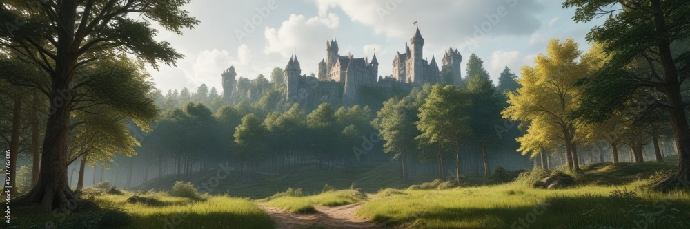 Fototapeta premium serene forest with a medieval castle in the distance, middle ages, medieval, distance