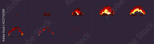 Game explosion animation sequence - bright flame frames in red and yellow colors on dark background. Rising fire burst sprites for ui effects, mobile gaming visual elements or action combat scenes.