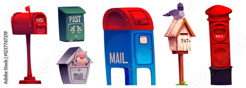 Mailbox collection with different postal designs - red metal box on stand, wall mounted letterbox, classic mail booth, wooden with pigeon sitting on top, traditional pillar post box. Various postbox.