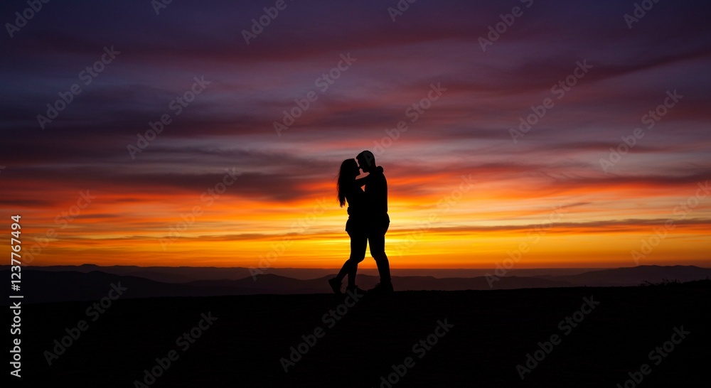 Silhouette Couple Embracing at Sunset Romantic Mountain View Dramatic Sky Silhouette Couple Embracing at Sunset Romantic Mountain View Dramatic Sky