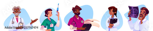 Cartoon medical staff set with diverse healthcare characters - senior physician in white coat, nurse with syringe, practitioner examining tablet, clinician with stethoscope, radiologist studying x-ray