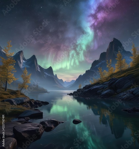 Shimmering auroras evoke a sense of wonder and enchantment in this dreamlike environment, ethereal glow, cosmic rays photo