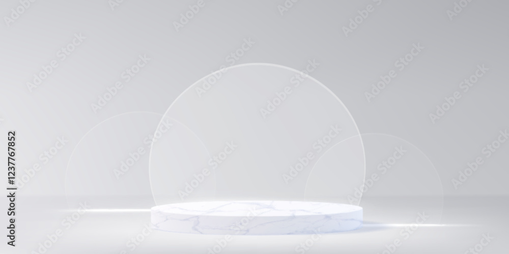 Round marble podium with glass morphism decor on white background. Vector realistic illustration of natural stone platform for product presentation, spa or skincare cosmetics promo banner template Round marble podium with glass morphism decor on white background. Vector realistic illustration of natural stone platform for product presentation, spa or skincare cosmetics promo banner template
