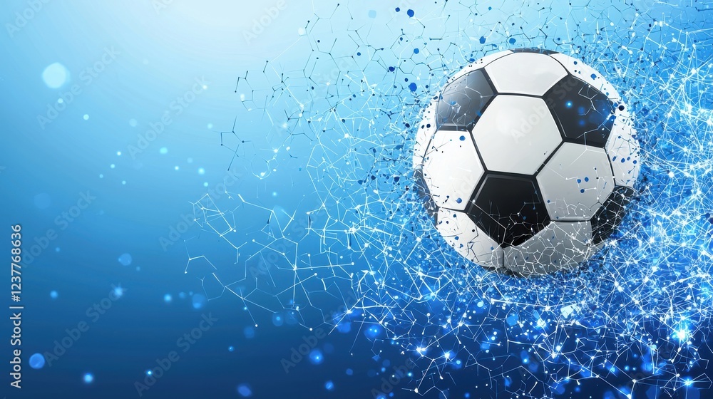 Obraz premium A dynamic image of a soccer ball in motion, surrounded by a burst of blue particles, symbolizing energy and excitement in the sport.