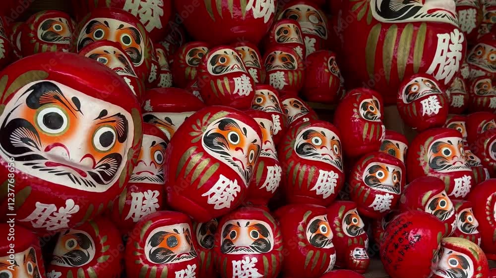 Traditional Japanese daruma dolls stacked in a vibrant temple gift shop, rich cultural symbolism, dense pattern backdrop Traditional Japanese daruma dolls stacked in a vibrant temple gift shop, rich cultural symbolism, dense pattern backdrop