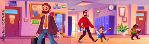 School hallway scene with walking characters - bearded teacher in suit, parent guiding excited pupil, student carrying backpack and book passing lockers. Elementary education corridor interior.
