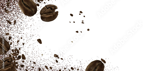 Coffee beans with powder border on white backdrop - large roasted grains scattered with ground particles creating dynamic splash effect. Aromatic beverage ingredients composition for cafe design.