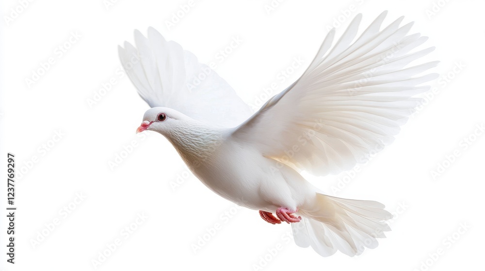 Fototapeta premium White Dove in Flight with Outstretched Wings Against Bright Background