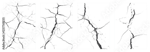 Set of sketch crack texture. Ground cracks, breaks on land surface from earthquake. old wall background crack vector. Crack collection on isolated background.	
