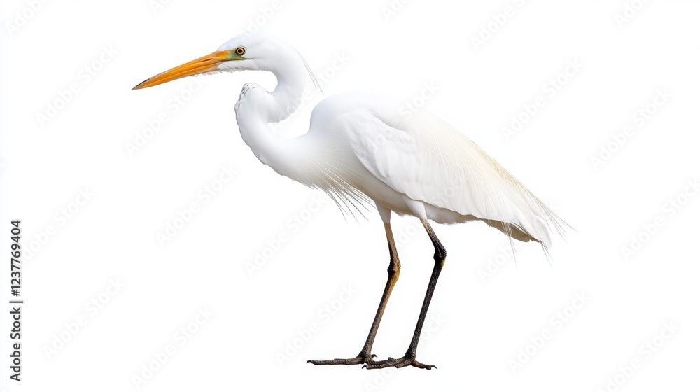 Fototapeta premium Elegant Great Egret Standing Gracefully Against White Background
