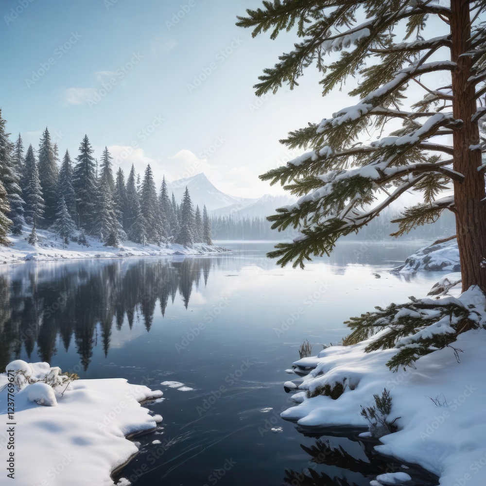 Fototapeta premium Snow-covered fir tree with a frozen lake in the background, frosty landscape, frozen water, winter wonderland
