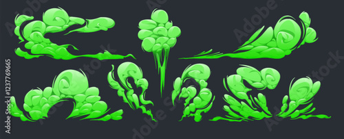 Toxic green smoke effect collection for game animation or comic scene design. Dynamic swirling vapor trails, curved mist plumes and poisonous fumes - ghostly flowing shapes on dark background.