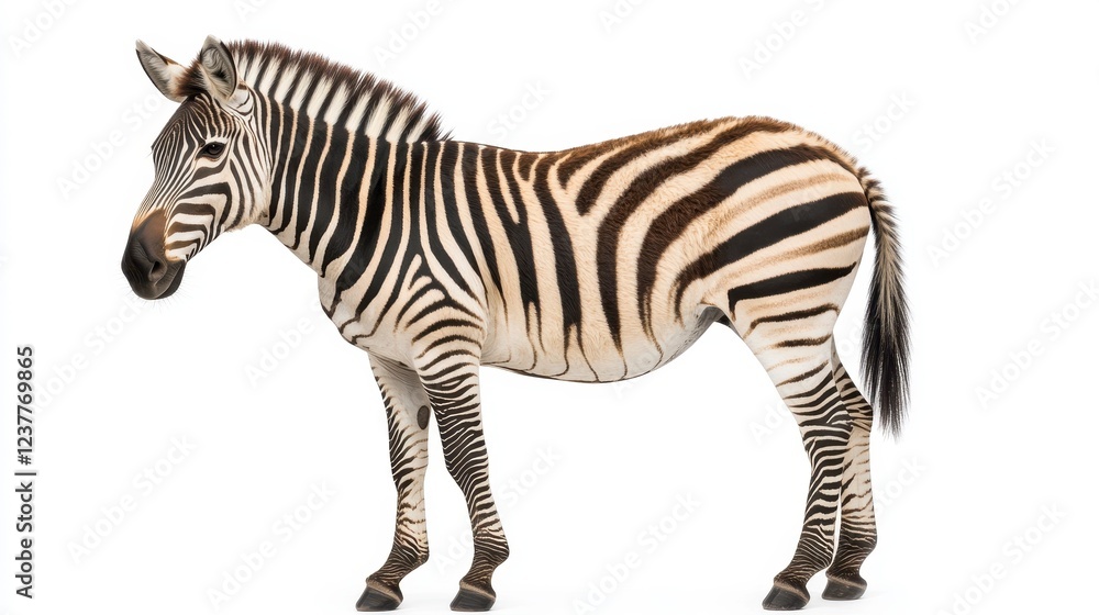 Obraz premium Striped Mammal Standing in Profile on White Background