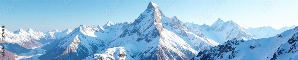 Naklejka premium Snow-covered mountain range with towering peaks, mountain scenery, snow capped mountains, snowfall