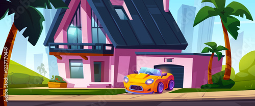 Cartoon pink house with garage and bright yellow sports car on driveway surrounded by palm trees. Modern residential building exterior with dark roof, tropical landscaping and urban skyline background