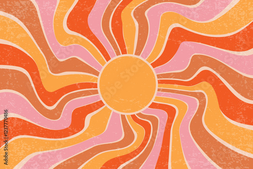 Sunrays retro background. Vector summer 70s poster. Abstract groovy design with grunge texture. Old paper banner with orange and pink spiral beams on pastel backdrop.