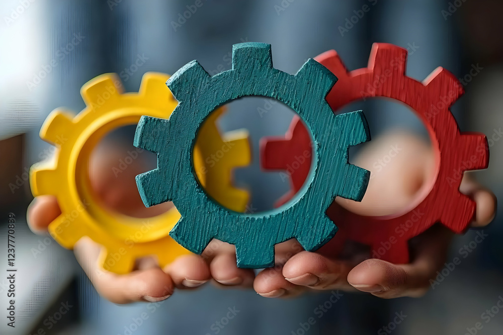 Teamwork, cooperation, hands holding gears Teamwork, cooperation, hands holding gears