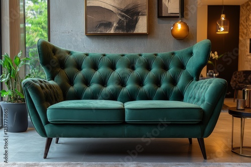 Luxurious emerald green double sofa with high backrest, wings, black legs, diamond-shaped buttons in modern art decor living room, soft side lighting. photo