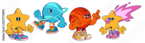 Groovy cartoon universe characters set with expressive celestial bodies in sneakers. Yellow stars, blue planet, red Mars and cosmic comet with pink bubble gum. For children astronomy education.