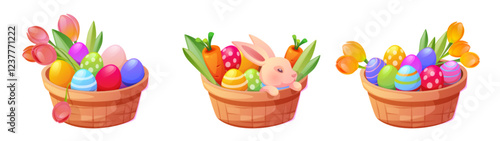 Easter baskets set isolated on white background. Vector cartoon illustration of nice wicker boxes with color eggs, cute bunny, carrots, fresh tulip flowers, holiday greeting card design elements