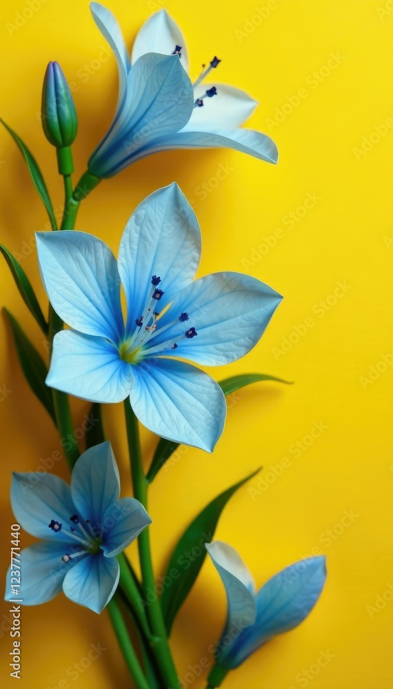 Soft blue petals unfurl on a yellow background, flowers, nature Soft blue petals unfurl on a yellow background, flowers, nature