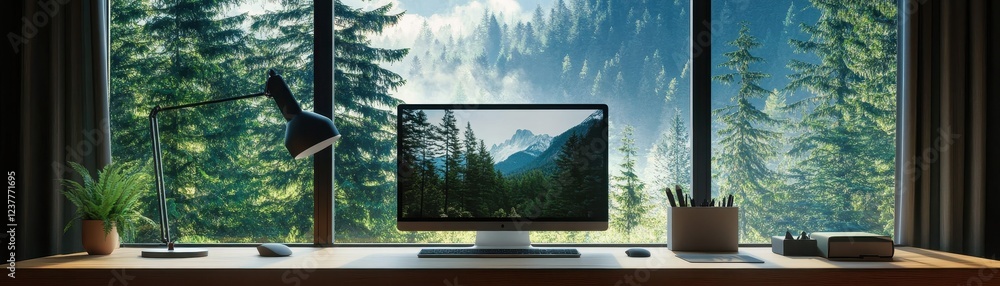 Fototapeta premium Sleek modern home office featuring a laptop, monitor, and wireless mouse for a productive workspace.