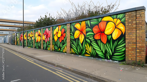 Vibrant Tropical Flower Mural on Brick Wall Urban Street Art Cityscape