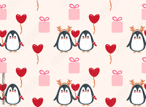 Valentine's Day pattern with couple of Penguins. Love background with Bows and gifts