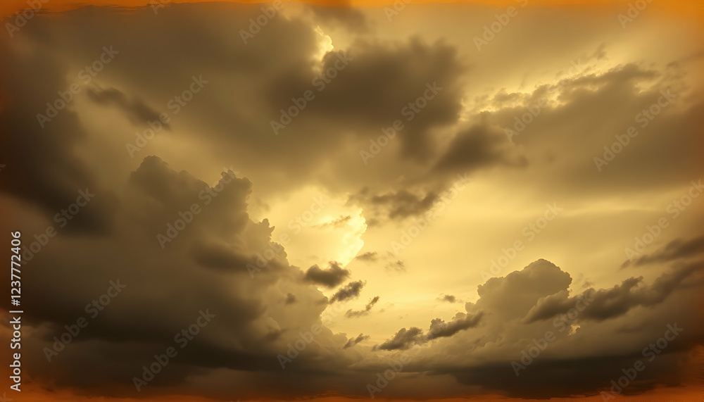 Obraz premium Golden sky, dramatic clouds, sepia tones, atmospheric landscape, ethereal sunlight, moody weather, panoramic vista, painterly effect, dreamy horizon, wispy cloud formations, amber glow, celestial atmo