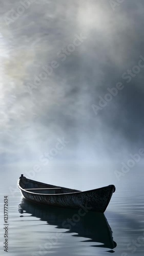 Stillness on the water with a solitary boat drifting in a thick fog at dawn