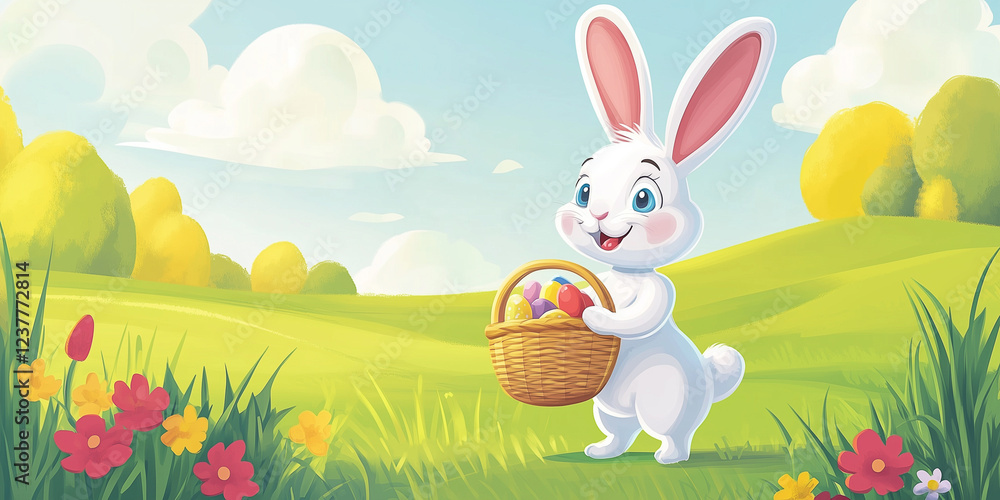 Fototapeta premium Moderner lustiger Osterhase im Cartoon-Stil mit Korb, leuchtende Farben in grüner Landschaft, Frohe Ostern, Werbeschild