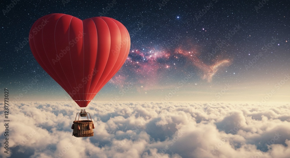 Fototapeta premium Romantic Heart Shaped Hot Air Balloon Soaring Above Clouds and Starscape