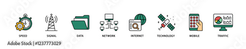5G icon set flow process which consists of speed, signal, data, network, internet, technology, mobile and traffic icon live stroke and easy to edit .