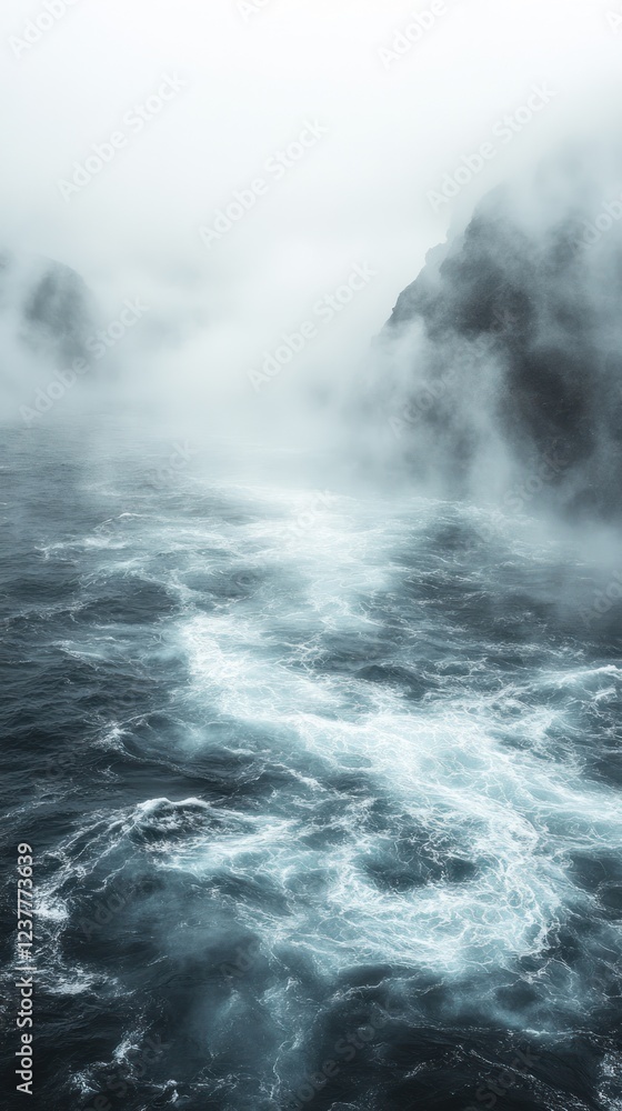 Fototapeta premium Misty Ocean, Rugged Coastline, Dramatic Seascape