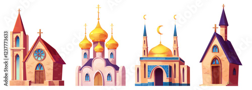 Church building cartoon set with Catholic chapel, Orthodox cathedral with golden domes, Muslim mosque with crescents and small Christian chapel. Religious architecture with different traditional style