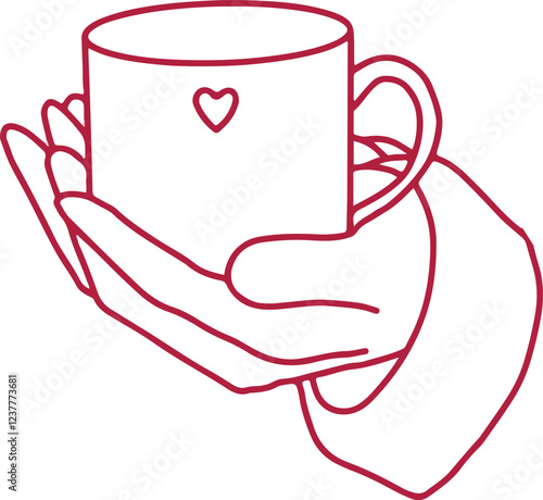 Outline vector illustration of hands holding cup with the heart. Love, romantic, st valentine,s day symbol.