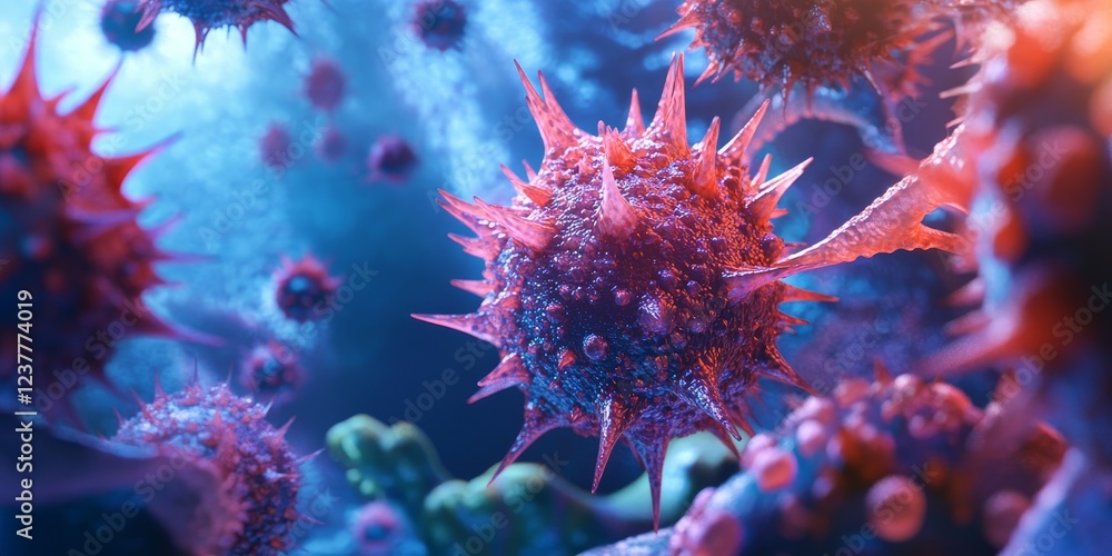 Microscopic view of spiky virus cells interacting. Microscopic view of spiky virus cells interacting.